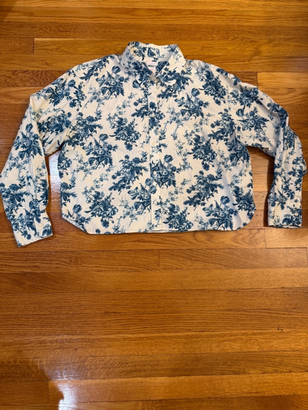 Gap LoveShackFancy Floral Cropped Button Down Long Sleeve Blue/White -Size Large